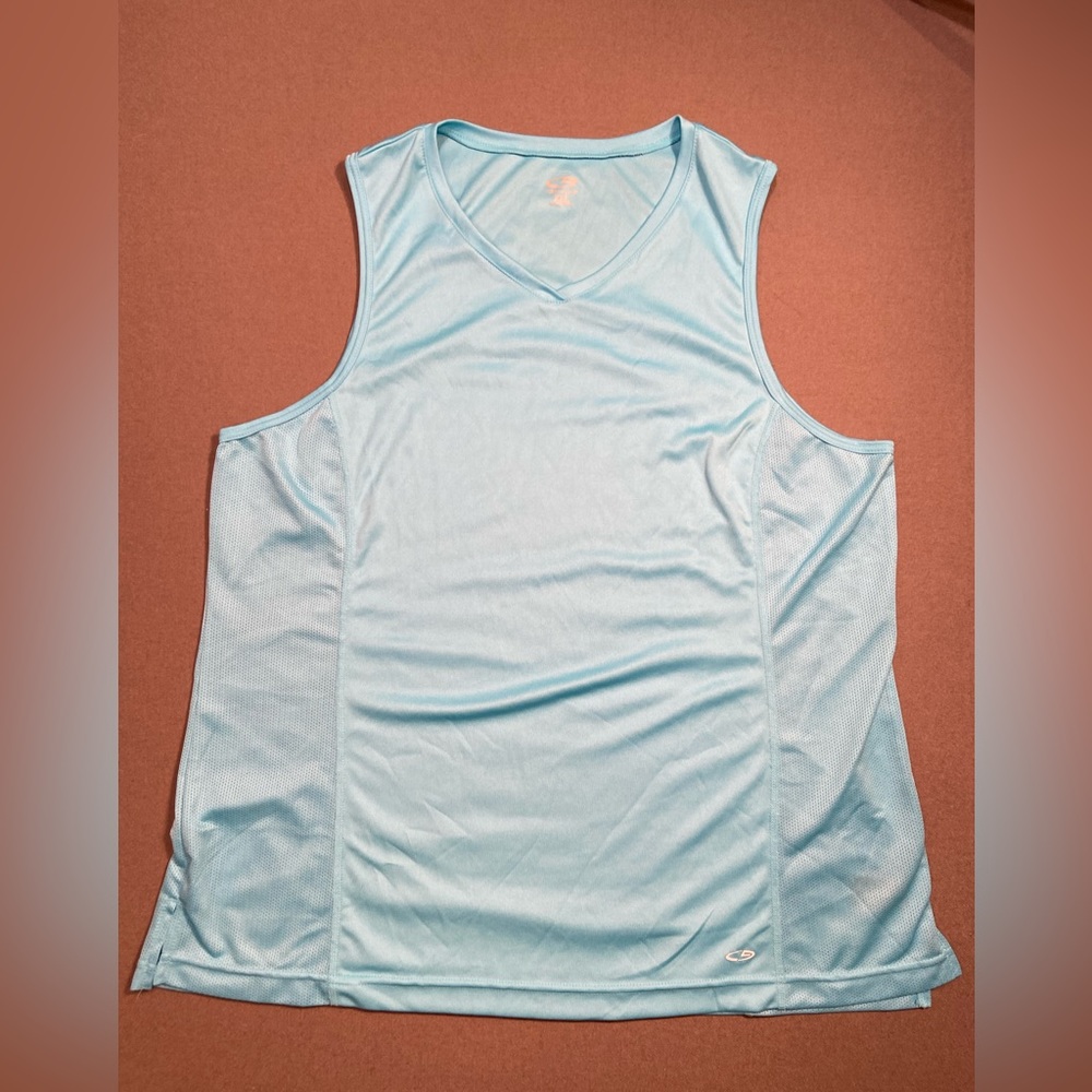 Champion sleeveless athletic shirt, turquoise blue, v neck, polyester, size XXL
